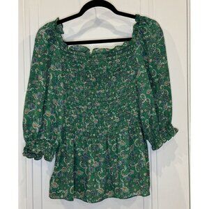 Max Studio Smocked Green Floral Peasant Blouse EUC Boho 3/4 Length Puff Sleeve